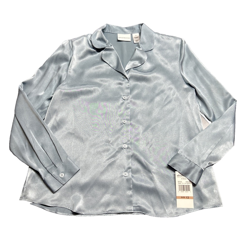 NWT Alfred Dunner Silver Blue Blouse Satin Shiny Polyester Long Sleeve Size 12